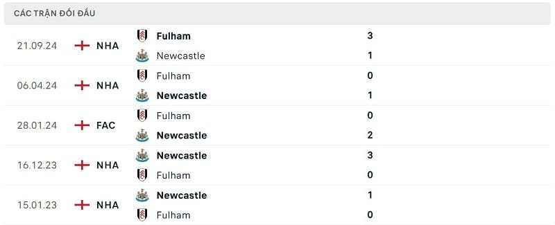 Thành tích đối đầu Newcastle vs Fulham.